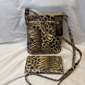Candie's Leopard-Pattern Crossbody and Wallet in Tan and Black